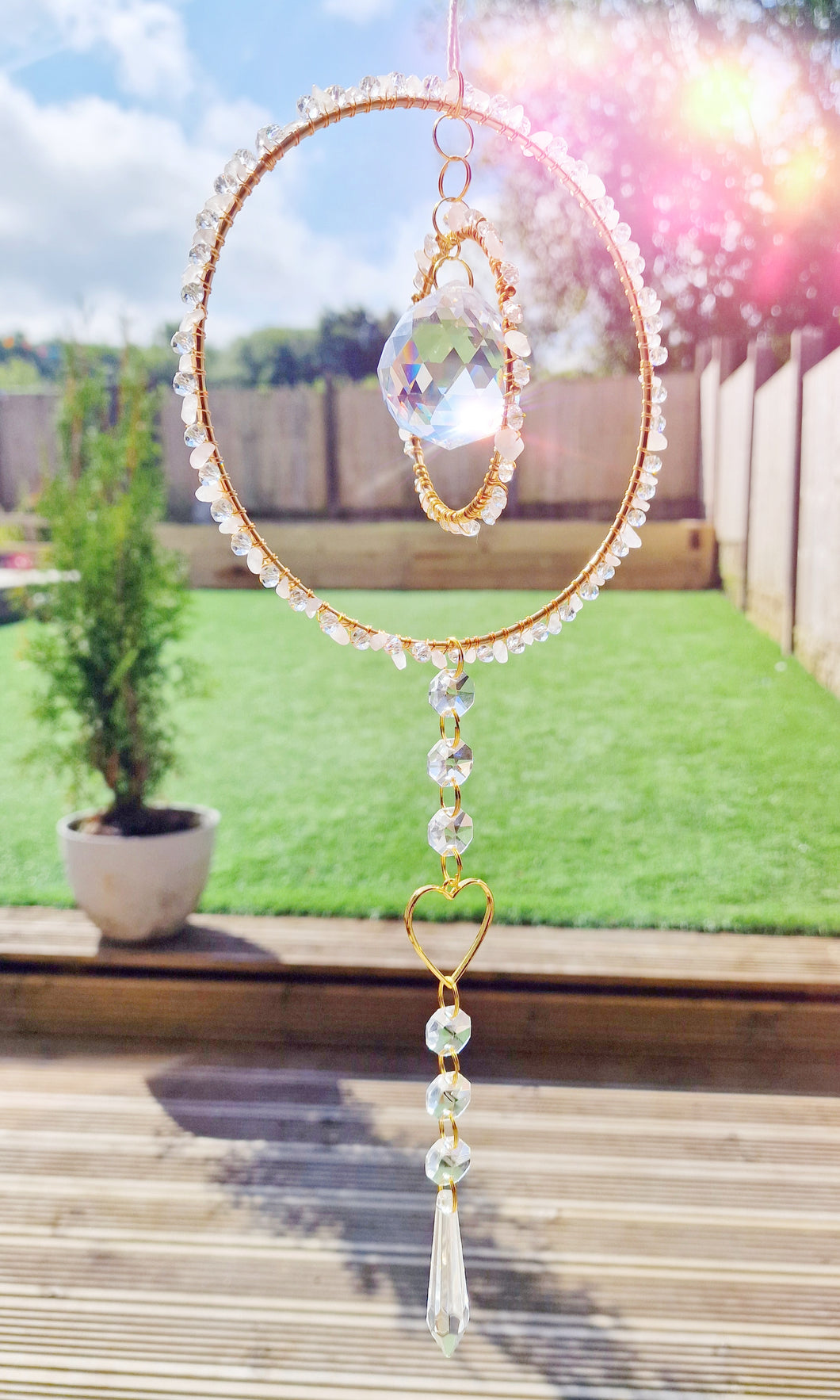 Crystal suncatcher rose quartz 6 inch hoop