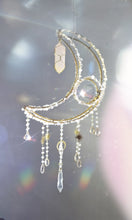 Load image into Gallery viewer, New Crescent moon crystal suncatcher with rose quartz and rose aura quartz - Eirwin