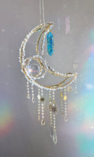 Load image into Gallery viewer, New Crescent moon crystal suncatcher with aquamarine and blue aura quartz - Noel