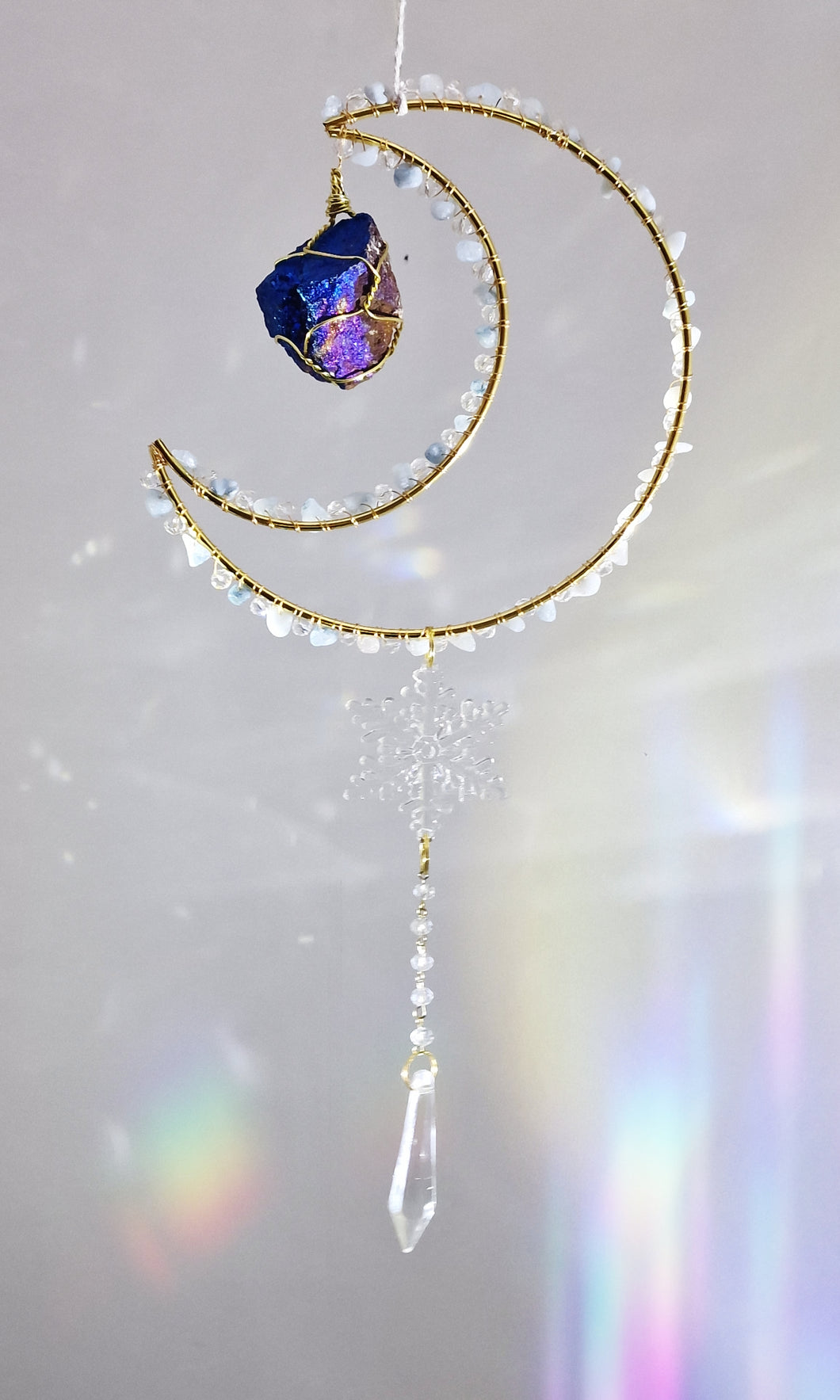 New - Moon suncatcher Aquamarine and aura quartz crystal