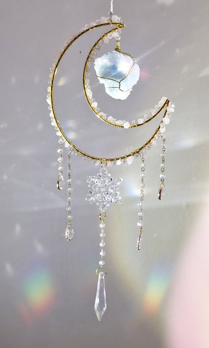 New - Moon suncatcher rose quartz and aura quartz crystal