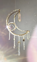 Load image into Gallery viewer, New Crescent moon crystal suncatcher with rose quartz and rose aura quartz - Eirwin