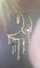 Load image into Gallery viewer, New Crescent moon crystal suncatcher with rose quartz and rose aura quartz - Eirwin