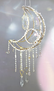 New Crescent moon crystal suncatcher with rose quartz and clear aura quartz - Holly