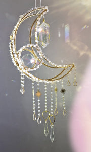 New Crescent moon crystal suncatcher with rose quartz and clear aura quartz - Holly