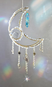 New Crescent moon crystal suncatcher with aquamarine and blue aura quartz - Noel