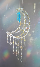 Load image into Gallery viewer, New Crescent moon crystal suncatcher with aquamarine and blue aura quartz - Noel