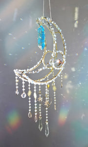 New Crescent moon crystal suncatcher with aquamarine and blue aura quartz - Noel