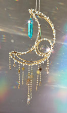 Load image into Gallery viewer, New Crescent moon crystal suncatcher with aquamarine and blue aura quartz - Noel