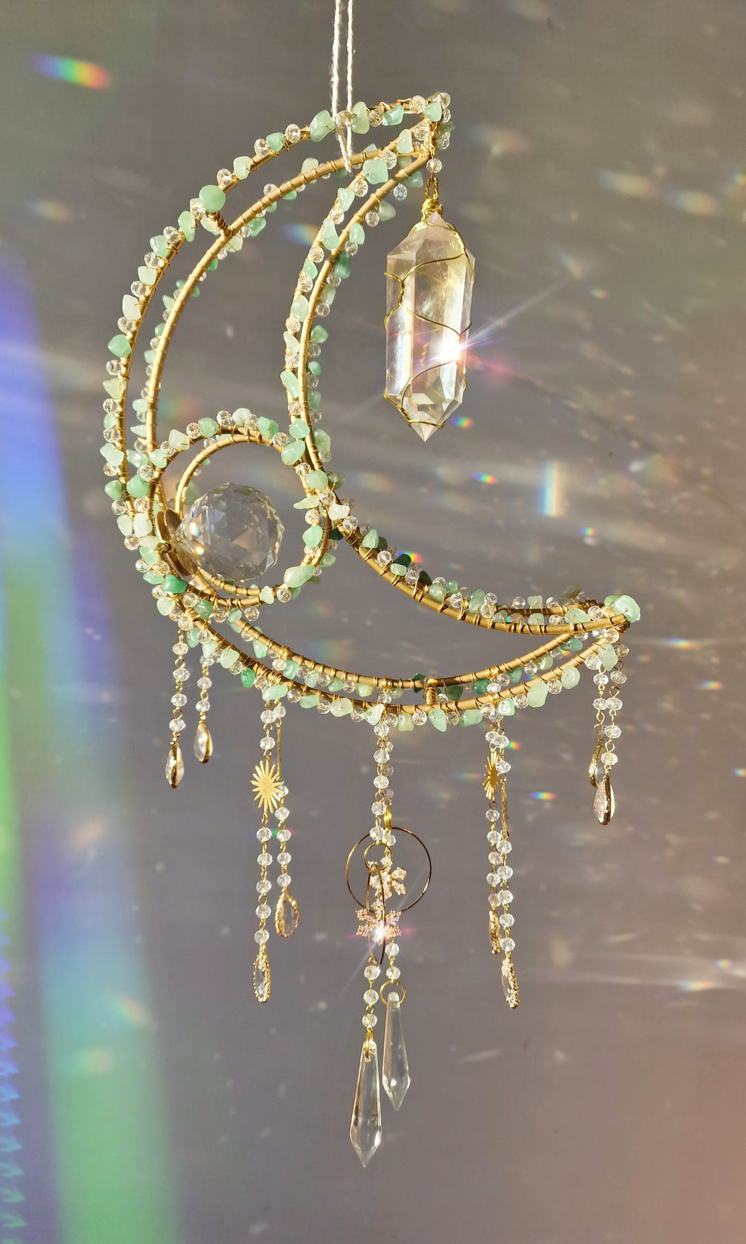 New Crescent moon crystal suncatcher with aventurine and aura quartz - Aquilo