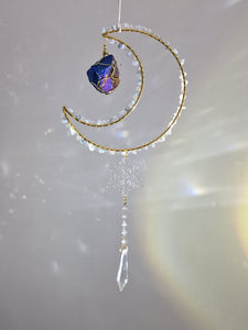 New - Moon suncatcher Aquamarine and aura quartz crystal