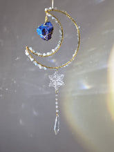 Load image into Gallery viewer, New - Moon suncatcher Aquamarine and aura quartz crystal