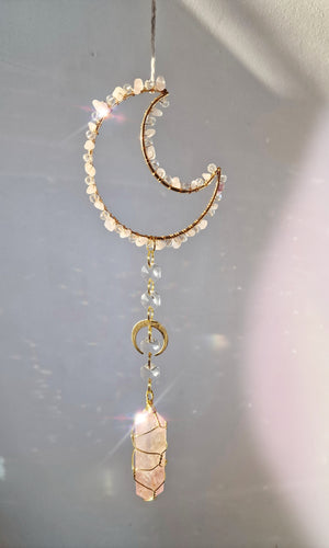 NEW moon suncatcher with pink aura quartz and rose quartz crystal chips