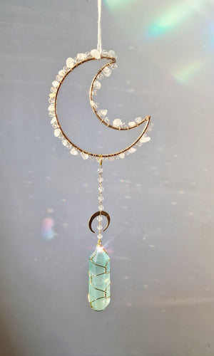 NEW moon suncatcher with blue aura quartz and rose quartz crystal chips