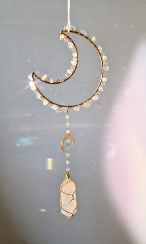 NEW moon suncatcher with rose aura quartz and rose quartz crystal chips