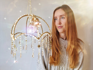 New - Crystal suncatcher lampshade with clear quartz and aura point crystals - Morning Ember