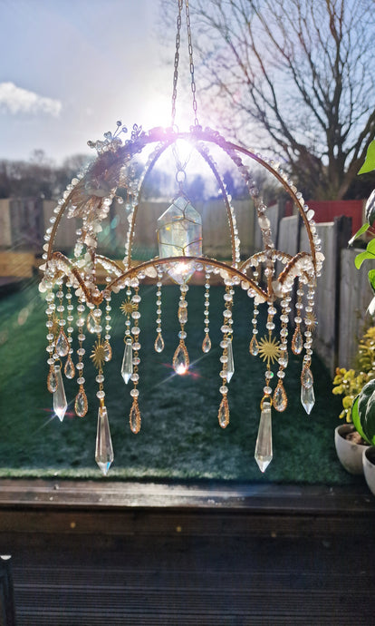 New - Crystal suncatcher lampshade with clear quartz and aura point crystals - Morning Ember