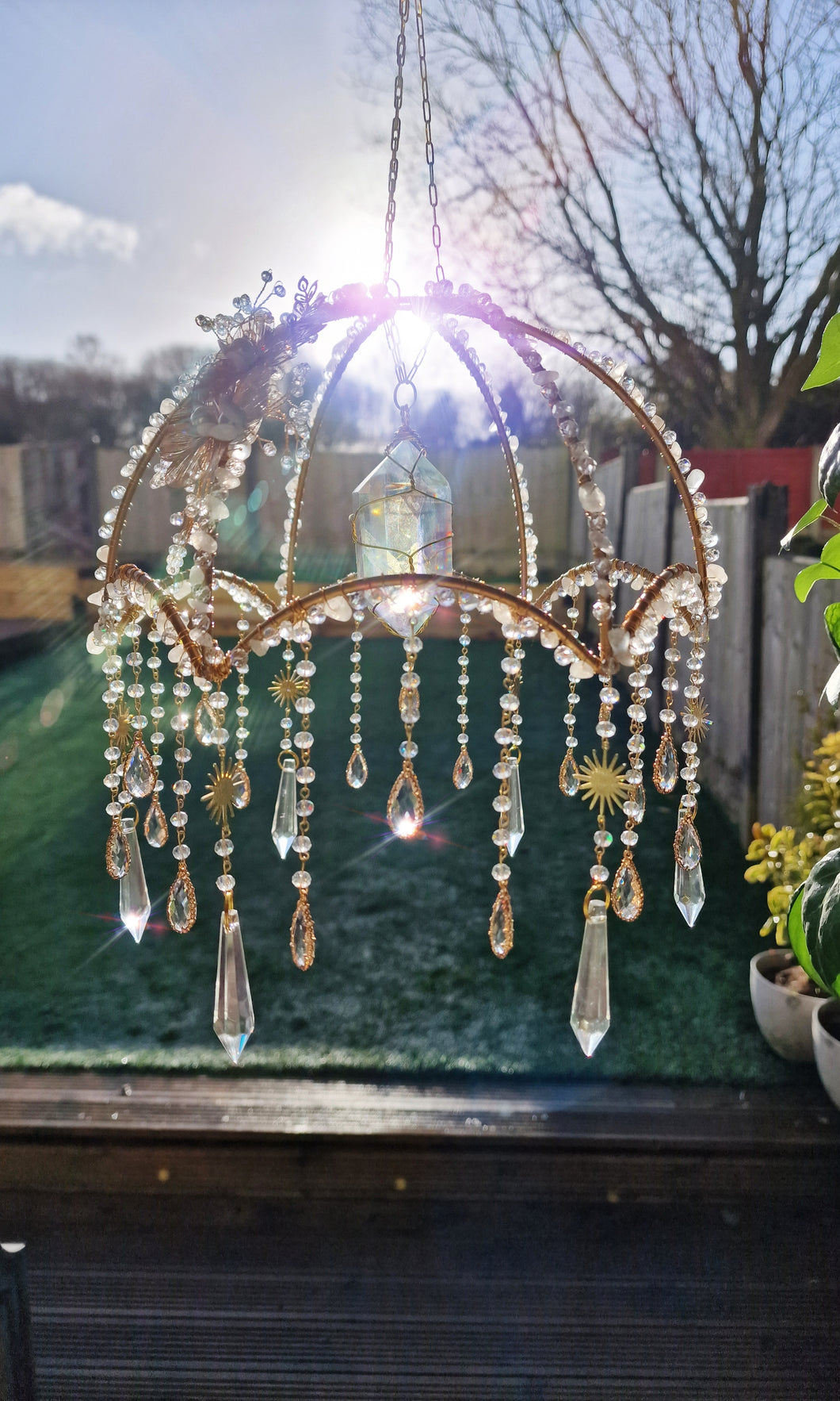 New - Crystal suncatcher lampshade with clear quartz and aura point crystals - Morning Ember