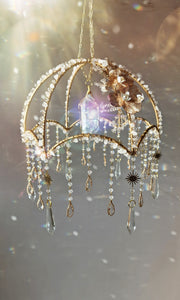 New - Crystal suncatcher lampshade with clear quartz and aura point crystals - Morning Ember