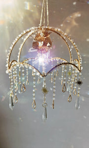 New - Crystal suncatcher lampshade with clear quartz and aura point crystals - Morning Ember