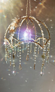 New - Crystal suncatcher lampshade with clear quartz and aura point crystals - Morning Ember