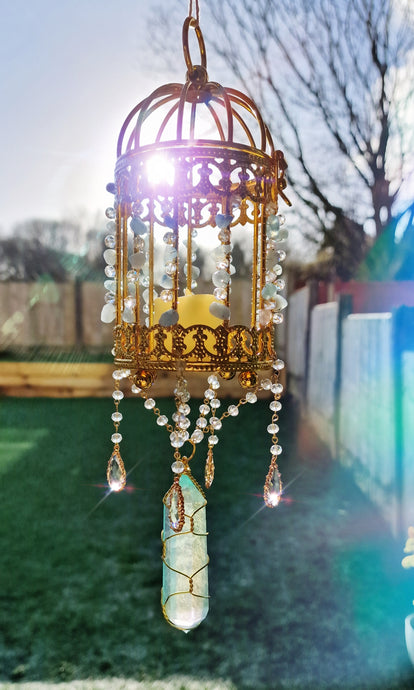 NEW suncatcher lantern with amethyst and blue aura quartz - Golden glow