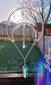 New - Moon suncatcher Aura quartz and clear quartz chips - Sunlit