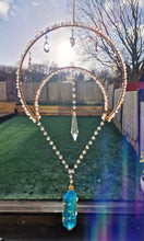 Load image into Gallery viewer, New - Moon suncatcher Aura quartz and clear quartz chips - Sunlit