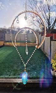 New - Moon suncatcher Aura quartz and clear quartz chips - Sunlit