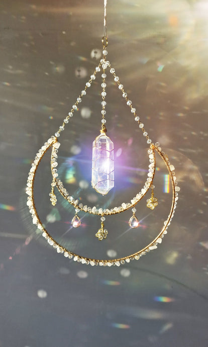 New - Moon suncatcher Aura quartz and clear quartz - Glow