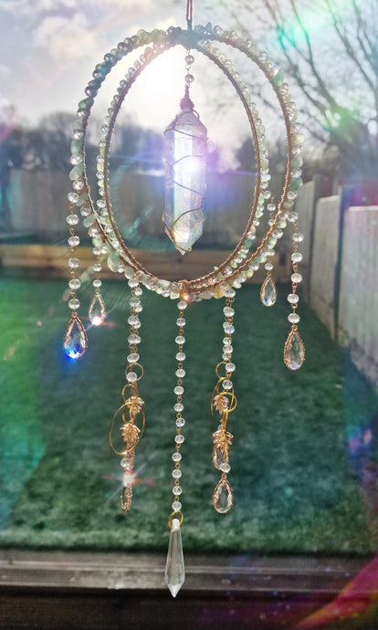 New - Orb Suncatcher aventurine chips and aura quartz - Emerald light